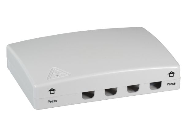 FTTH innendørs koblingsboks for 4 fibre, 4 koblinger, holder for overflødig fiber (FTTH-BOX-IN-1)