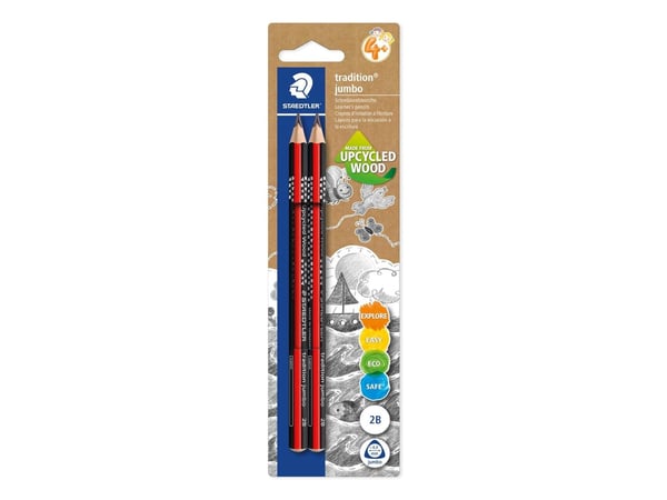 Staedtler 1285-0 BK2, 2B, Sort, Rød, Triangulær, 3 mm, 2 stykker, PEFC