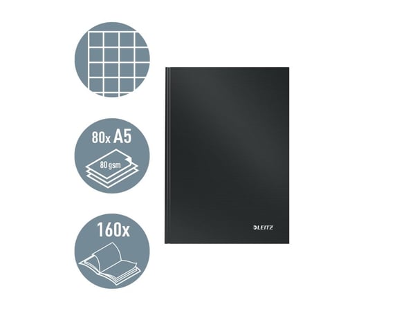 Leitz Solid A5-muistikirja, 80 arkkia, ruudut, kovakantinen, Yksivärinen, musta, A5, 80 arkkia, Kiiltävä, 80 g/m²