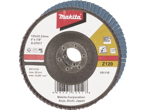 Makita - Klaffplate - for tre, metall, plast, rustfritt stål, ikke-jernholdig metall - 125 mm - grovkorn: Z120 - for Makita DGA513, DGA515, DGA517,...