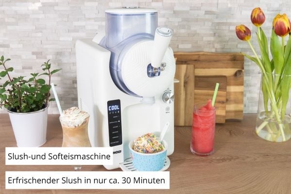 2-i-1 slush- och mjukglassmaskin SOFIE (vit, för 1 500 ml slush eller mjukglass, 150 watts kompressor)