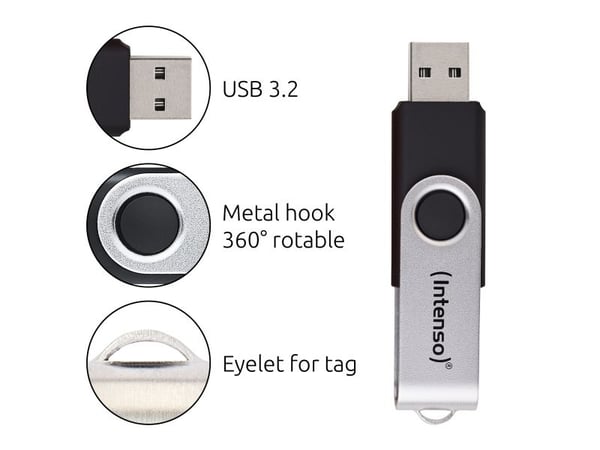 Intenso USB 64GB OFFICE LINE 3.2 Gen1 Silver-Black, 64 GB, USB A-tyyppi, 3.2 Gen 1 (3.1 Gen 1), Taittuva, musta, Hopea