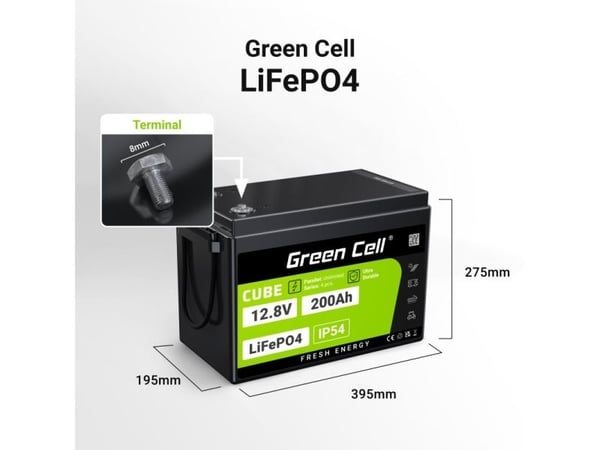 Green Cell LFPGC12V200AH, Lithium Iron Phosphate (LiFePO4), 12,8 V, Sort, Grønn, 200 Ah, 2560 Wh, 10 år
