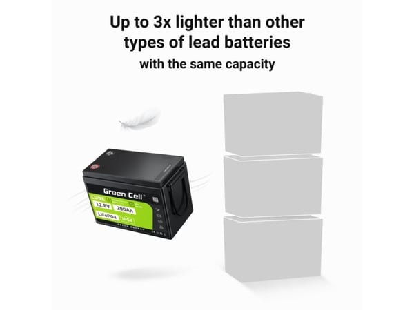 Green Cell LFPGC12V200AH, Lithium Iron Phosphate (LiFePO4), 12,8 V, Sort, Grønn, 200 Ah, 2560 Wh, 10 år
