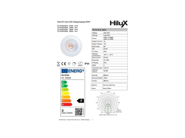 HiluX D1 Gen3 - Fullspektret innfelt LED-spot - 2,8 W - Ra97 3000K - Hvit
