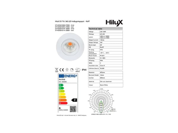 HiluX D3 Tilt360 - Full Spectrum LED Indbygningsspot - Ra97 - 3000K - Sort