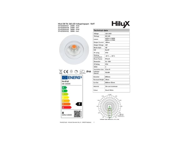 HiluX D8 Tilt360 - Fullspektret innfelt LED-spot - Ra97 - 3000K - Hvit