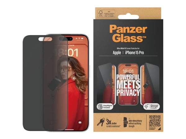 PanzerGlass ® Privacy Screen Protector iPhone 15 Pro | Ultra-Wide Fit w. EasyAligner, Apple, Apple - iPhone 15 Pro, Asennus kuivana, Iskunkestävä, ...