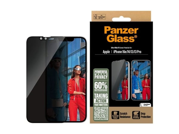 PanzerGlass Privacy Ultra-Wide Fit Displaybeskyttelsesglas Apple iPhone 13, iPhone 13 Pro, iPhone 14, iPhone 16e 1 stk antibakteriel, Anti-Fingerpr...