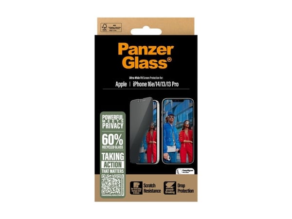 PanzerGlass Privacy Ultra-Wide Fit Displaybeskyttelsesglas Apple iPhone 13, iPhone 13 Pro, iPhone 14, iPhone 16e 1 stk antibakteriel, Anti-Fingerpr...