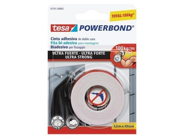 TESA Powerbond Ultra Strong, Valkoinen, 1,5 m, 1 kg/cm, 19 mm