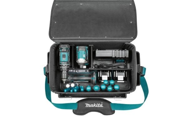 Makita E-15388 Vahvistettu työkalulaukku, jossa on säädettävät lokerot.