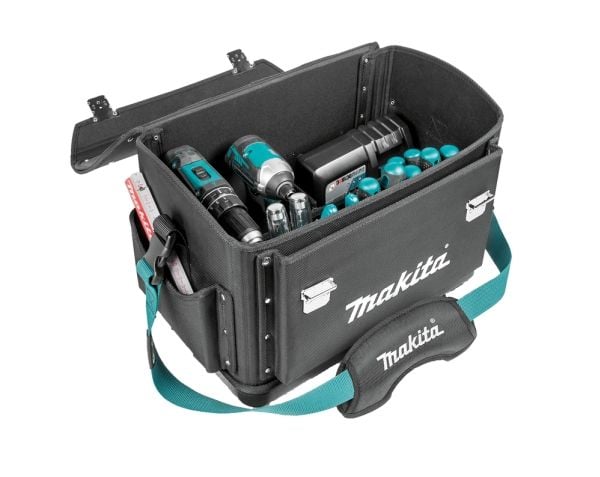 Makita E-15388 Vahvistettu työkalulaukku, jossa on säädettävät lokerot.
