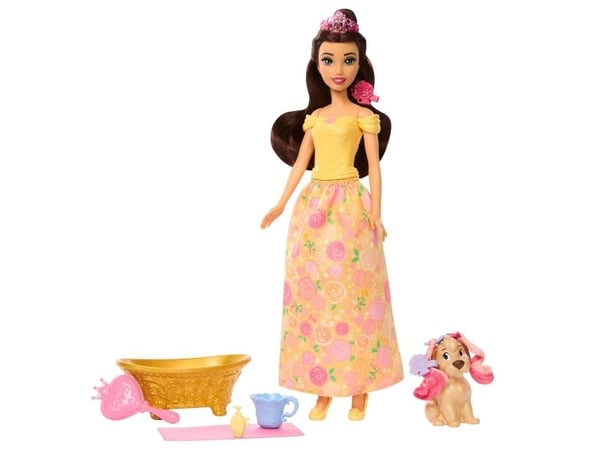 Disney Princess Bathe & Brush Belle-motedukke med hundefigur, fargeendringsfunksjon og tilbehør, Motedukke, Jente, 3 år, 295 mm, 160 g, Flerfarget