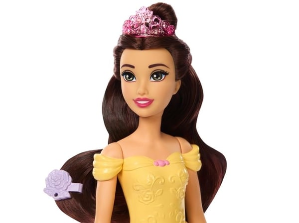 Disney Princess Bathe & Brush Belle-motedukke med hundefigur, fargeendringsfunksjon og tilbehør, Motedukke, Jente, 3 år, 295 mm, 160 g, Flerfarget