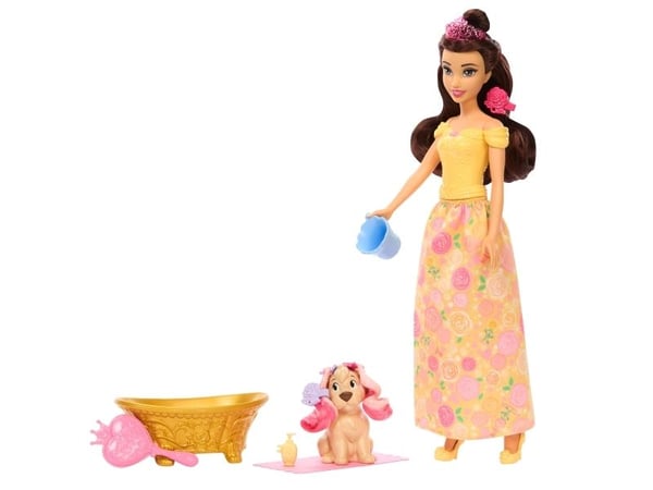 Disney Princess Bathe & Brush Belle-motedukke med hundefigur, fargeendringsfunksjon og tilbehør, Motedukke, Jente, 3 år, 295 mm, 160 g, Flerfarget
