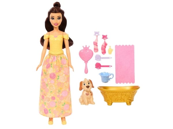 Disney Princess Bathe & Brush Belle-motedukke med hundefigur, fargeendringsfunksjon og tilbehør, Motedukke, Jente, 3 år, 295 mm, 160 g, Flerfarget