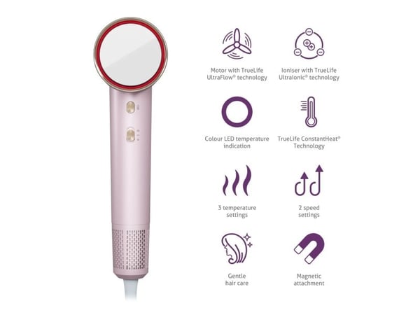 TrueLife HairDryer D6, AC, 111000 RPM, 22,2 m/s, 55 °C, 80 °C, Rosa