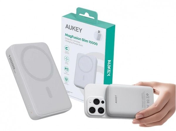 Aukey PB-MS04 Hvitt eksternt Qi2-batteri (10000 mAh, 20 W, MagSafe PD)