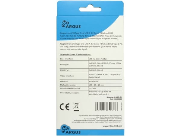 Inter-Tech H-469-1, USB 3.2 Gen 1 (3.1 Gen 1) Type-C, HDMI, USB 3.2 Gen 1 (3.1 Gen 1) Type-A, USB 3.2 Gen 1 (3.1 Gen 1) Type-C, 5000 Mbit/s, 30 Hz,...
