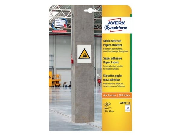 Avery L7875-20, Hvit, Rektangel, Permanent, DIN A4, Papir, Laser/Blekkskriver