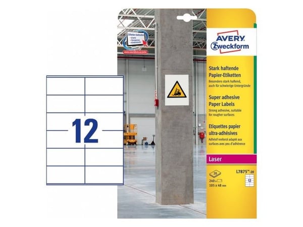 Avery L7875-20, Hvit, Rektangel, Permanent, DIN A4, Papir, Laser/Blekkskriver
