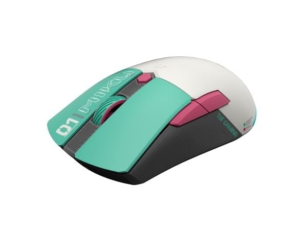 ASUS TUF Gaming Mini - Hatsune Miku Edition - mus - optisk - 6 knapper - kablet, trådløs - USB, 2.4 GHz, Bluetooth - hvit, turkis, rosa