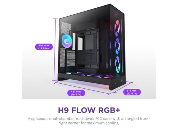 NZXT H9 Flow RGB+, Midi Tower, PC, musta, ATX, EATX, mikro ATX, Mini-ITX, Verkko, SGCC, Karkaistu lasi, Pelaaminen