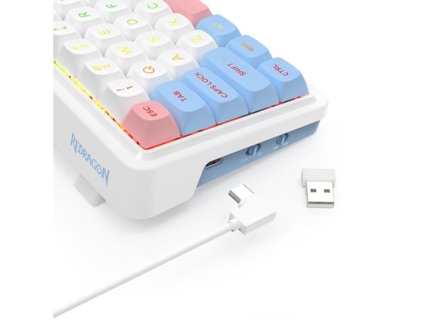 REDRAGON K709WBP-RGB-PRO NOVA, Trådløs, USB + RF Wireless + Bluetooth, Mekanisk nøkkelbryter, Hvit, Blå