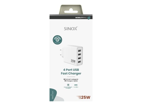 Sinox PRO 230V 4xUSB-A laturi 25W. Valkoinen