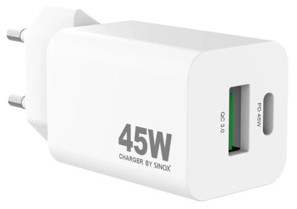 Sinox PRO väggladdare USB-A+USB-C PD 45W. Vit, inomhus, AC, 20 V, Vit
