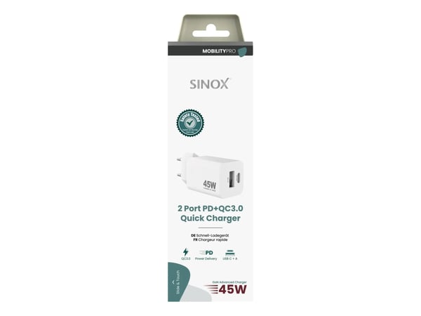Sinox PRO väggladdare USB-A+USB-C PD 45W. Vit, inomhus, AC, 20 V, Vit