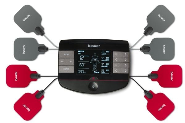 Beurer EM89 TENS/EMS, jossa on 8 elektrodia ja lämmitystoiminto