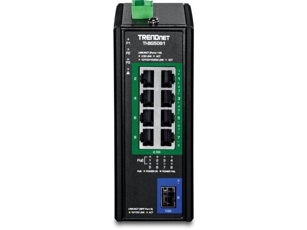 TRENDnet TI-BG5091 - Version v1.0R - switch - industriell - 8 x 10/100/1000/2.5G (PoE++) + 1 x 1 Gigabit / 10 Gigabit SFP+ - DIN-skinnemonterbar, v...