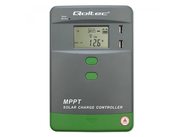 Qoltec - Solar charge controller - MPPT, 30A, 12/24V, LCD, APP, GEL, LiFePO4 - trådløs, kablet - Bluetooth - USB - grå, grønn