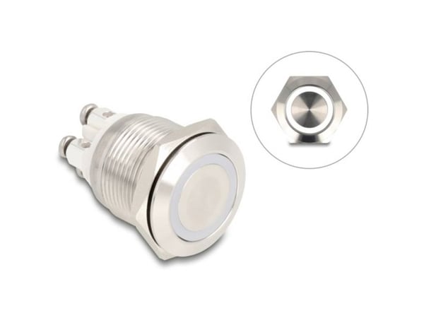 Delock - Push button - for 19 mm installation, 4 x screw terminal, white LED - panelmonterbar - AC 230 V - sølv