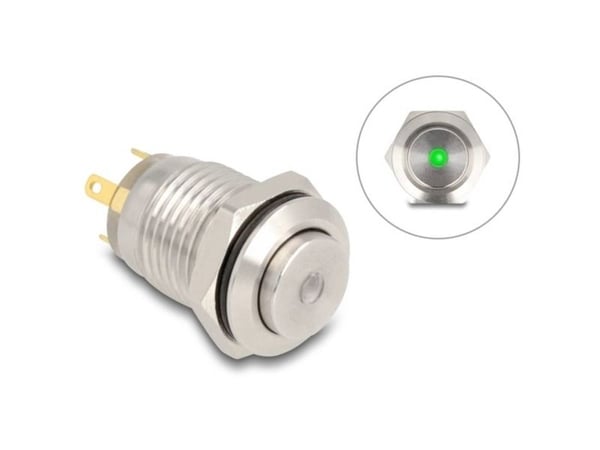 Delock - Push button - for 12 mm installation, 4 x solder connection, green LED dot - panelmonterbar - AC 230 V - sølv