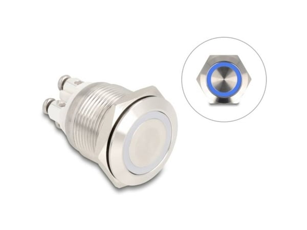 Delock - Push button - for 19 mm installation, 4 x screw terminal, blue LED - panelmonterbar - AC 230 V - sølv
