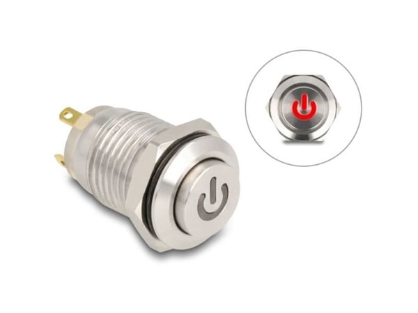 Delock - Push button - for 12 mm installation, 4 x solder connection, red power symbol LED - panelmonterbar - AC 230 V - sølv