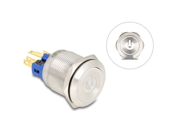 Delock - Push button - for 22 mm installation, 6 x solder connection, white LED power symbol and ring - panelmonterbar - AC 230 V - sølv