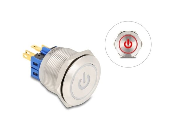 Delock - Push button - for 25 mm installation, 6 x solder connection, red LED power symbol and ring - panelmonterbar - AC 230 V - sølv