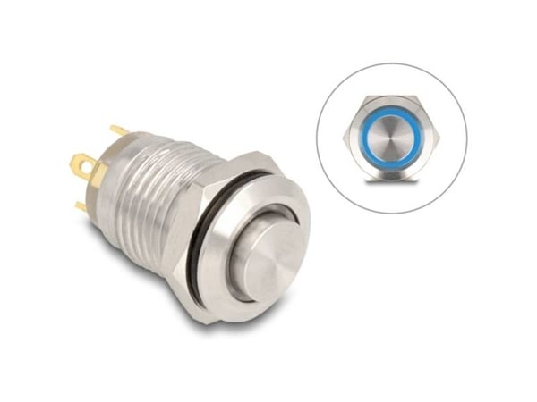 Delock - Push button - for 12 mm installation, 4 x solder connection, blue LED - panelmonterbar - AC 230 V - sølv