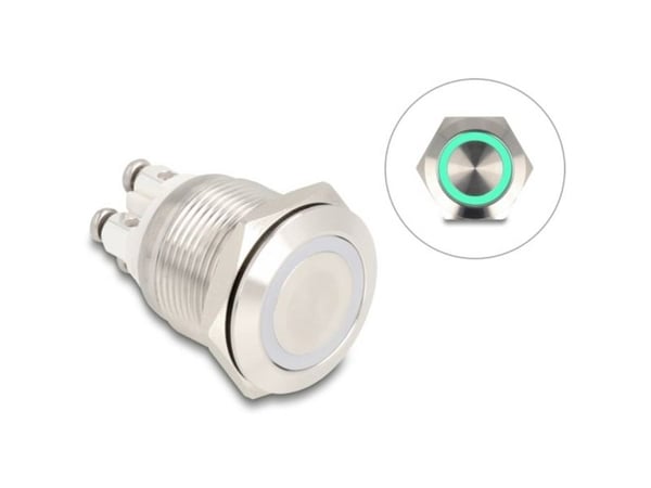 Delock - Push button - for 19 mm installation, 4 x screw terminal, green LED - panelmonterbar - AC 230 V - sølv