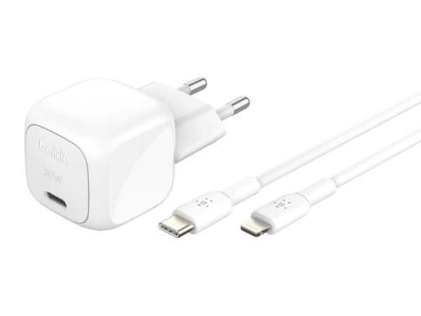 Belkin BoostCharge - Strømadapter - kompakt - 30 watt - Power Delivery 3.1 (USB-C) - på kabel: Lightning - med USB-C til Lightning-kabel (1 m)