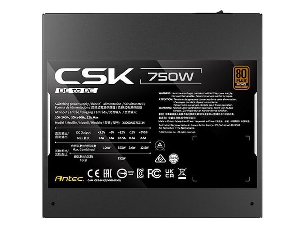 Antec SIGNATURE CSK750DC EC, 750 W, 100 - 240 V, 50/60 Hz, 12 A, Aktiv, Drift uten belastning, Overstrøm, Overstrøm, Høyspenning, Overspennings- og...