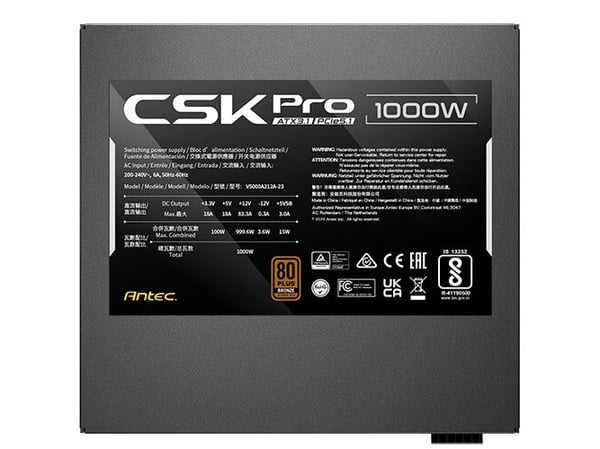Antec SIGNATURE CSK1000 PRO ATX3.1, 1000 W, 200 - 240 V, 50 Hz, 6 A, drift uten belastning, overstrøm, høyspenning, overspennings- og innkoblingsbe...