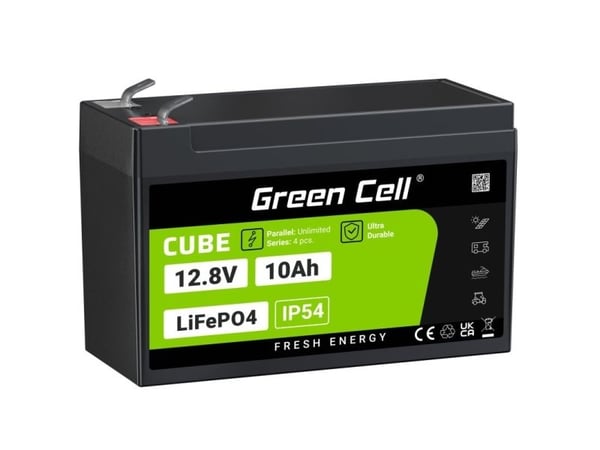 Green Cell LFPGC12V10AH, 12,8 V, 10 Ah, 128 Wh, 10 år, Svart, Grønn, 15 A