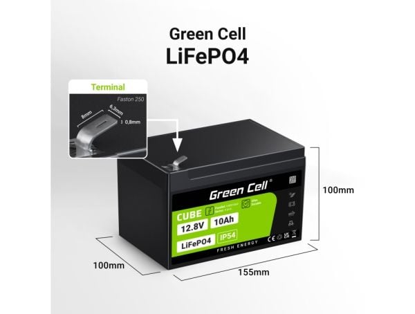 Green Cell LFPGC12V10AH, 12,8 V, 10 Ah, 128 Wh, 10 år, Svart, Grønn, 15 A