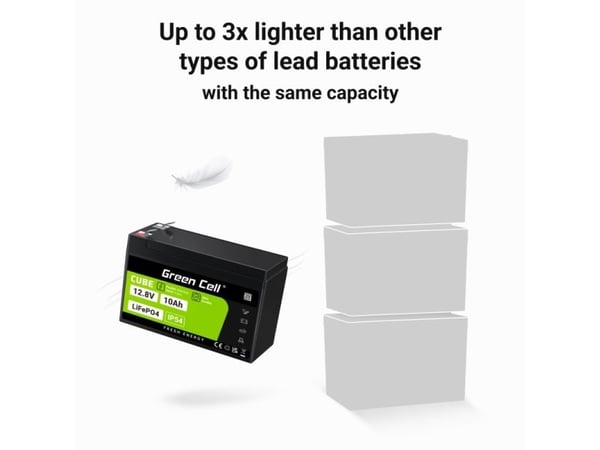 Green Cell LFPGC12V10AH, 12,8 V, 10 Ah, 128 Wh, 10 år, Svart, Grønn, 15 A