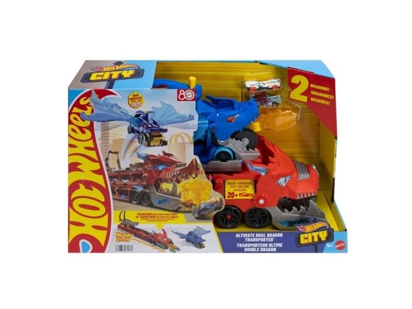Hot Wheels City Hot Wheels ultimate 2-i-1 dragetransportør og 2 lekebiler i skala 1:64